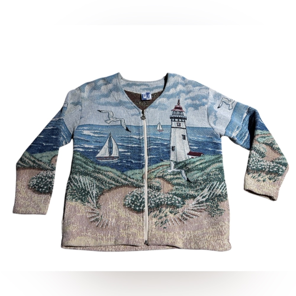 Vintage Art Unlimited Nautical Sweater Jacket Large Sailboats Lighthouse